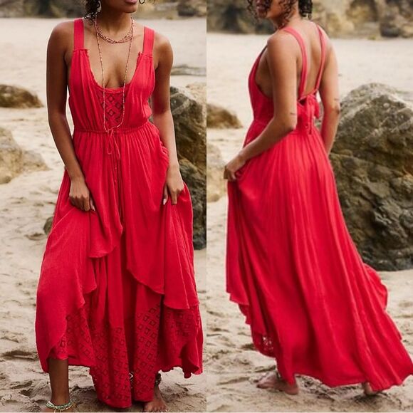 Nwt Free People Lost In Sunset Maxi Dress Red Heart Eyes - Picture 1 of 6